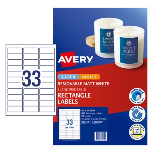 Avery L7157REV Laser Labels Removable 33 Sht 64x24.3mm Pack of 25